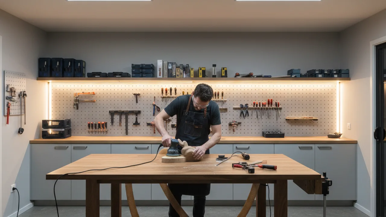 LED-Beleuchtung in einer Holzwerkstatt sorgt für gleichmäßiges, helles Arbeitslicht über der Werkbank