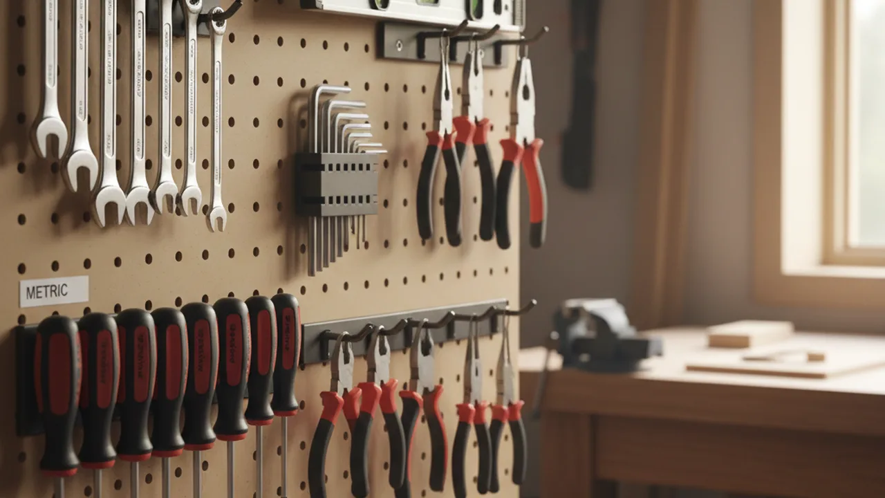 Werkzeugwand mit Lochwand in einer Heimwerkstatt – Schraubendreher, Zangen und Messwerkzeuge ordentlich aufgehängt