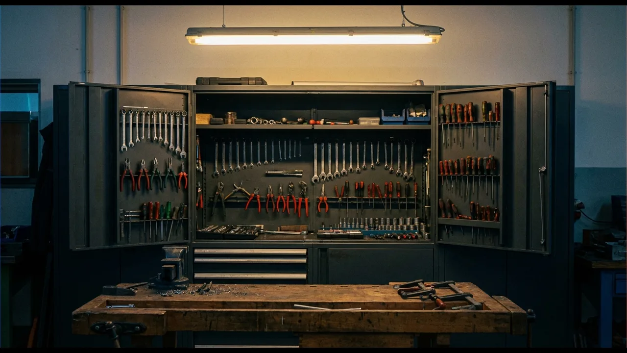 Werkstattschrank aus Stahl mit geöffneten Türen in einer Holzwerkstatt