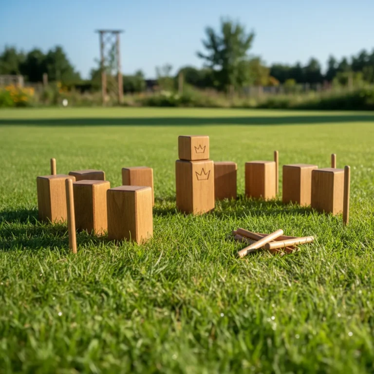Wikingerschach (Kubb) selber bauen: Anleitung für Heimwerker 2 Wikingerschach-Spielset aus Holz auf einer Rasenfläche