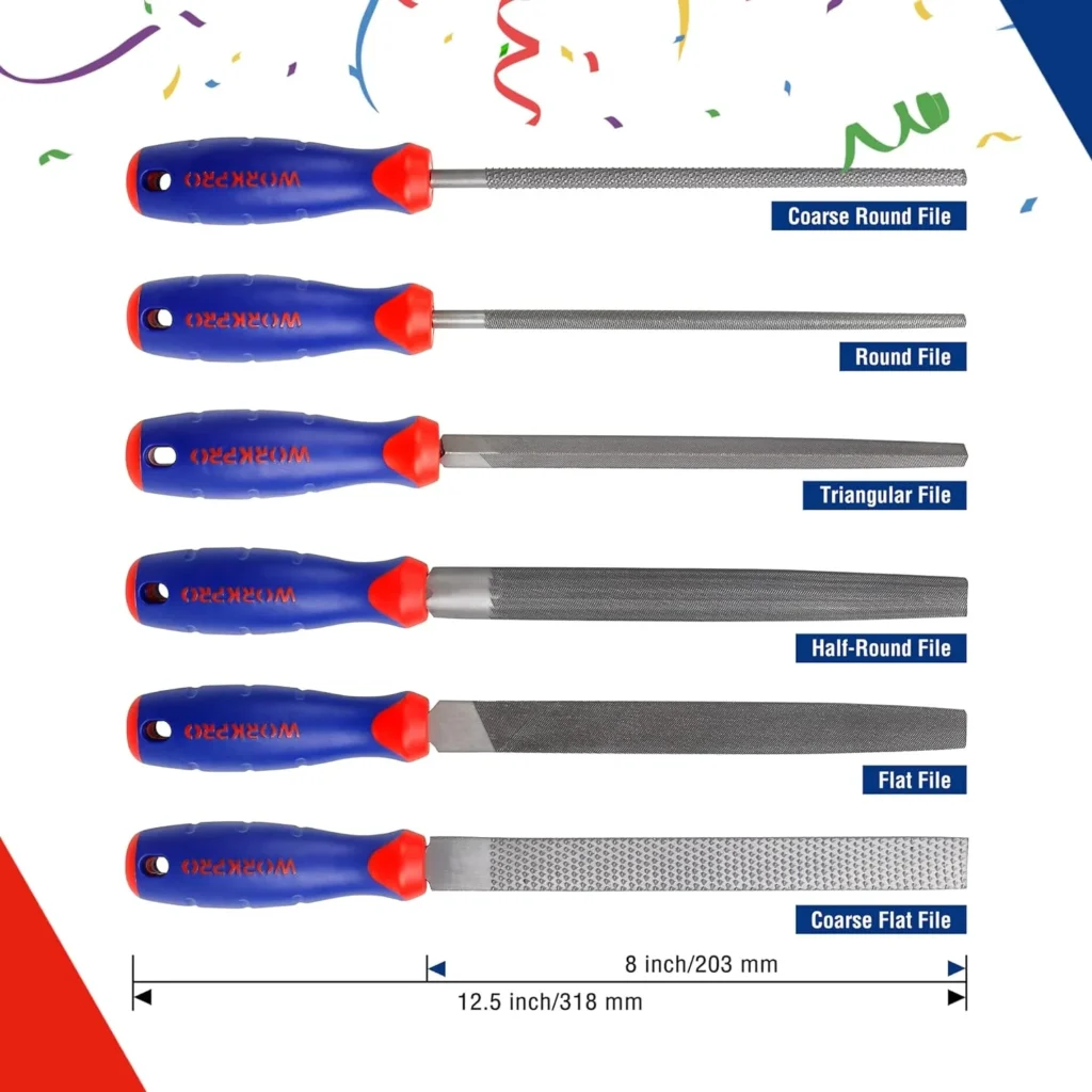 WORKPRO File set, flat file 200 mm, half round file 200 mm, round file 200 mm, triangular file 200 mm, file rasp 200 mm, round file rasp 200 mm, 6 pieces