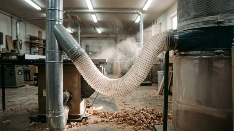 Absauganlage in einer Holzwerkstatt mit Schlauchsystem an einer Tischkreissäge