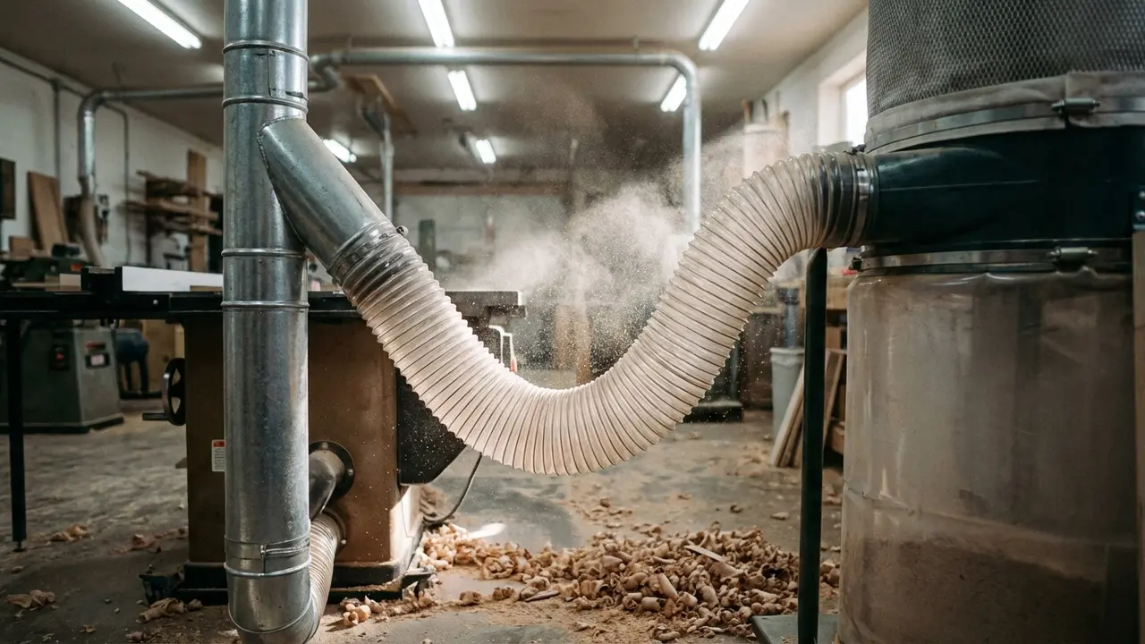 Absauganlage in einer Holzwerkstatt mit Schlauchsystem an einer Tischkreissäge