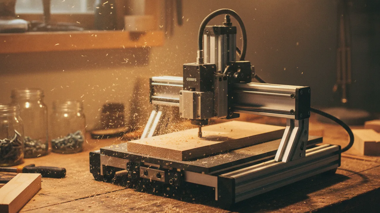 CNC Fräse unter 500 Euro in einer Heimwerkstatt beim Holzfräsen