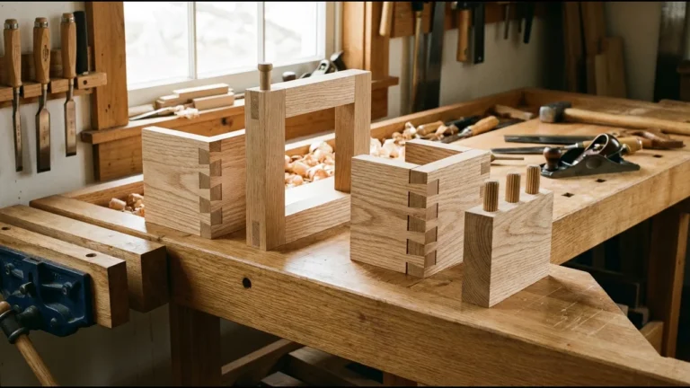 Holzverbindungen: Die 10 wichtigsten Arten im Überblick 2 Verschiedene Holzverbindungen auf einer Werkbank - Schwalbenschwanz, Zapfen, Fingerzinken und Dübelverbindung