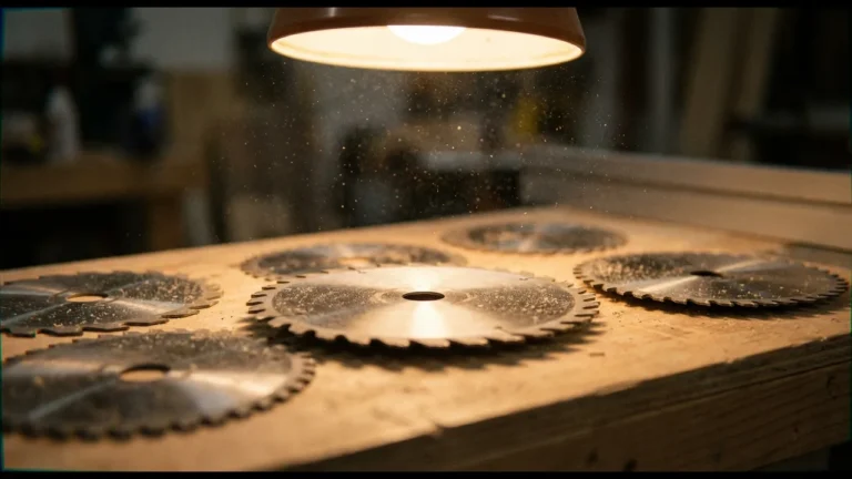 Verschiedene Kreissägeblätter für Holz auf einer Werkbank angeordnet