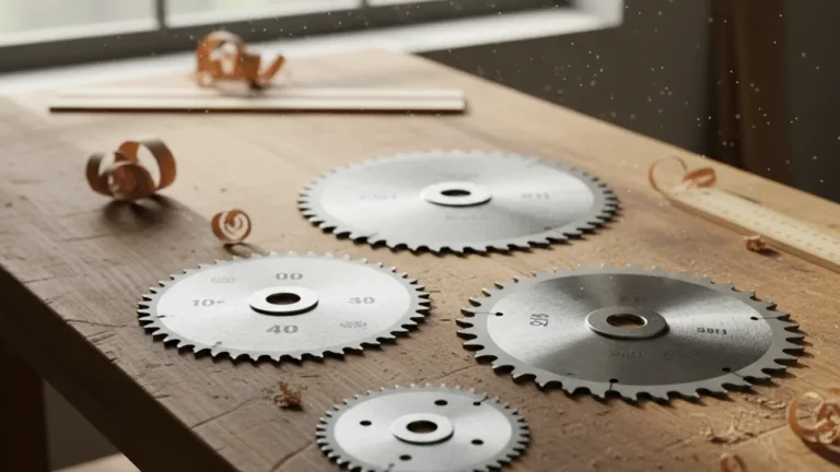 Sägeblatt-Finder: Das richtige Sägeblatt in 30 Sekunden 4 Verschiedene Kreissägeblätter für Holzbearbeitung auf einer Werkbank