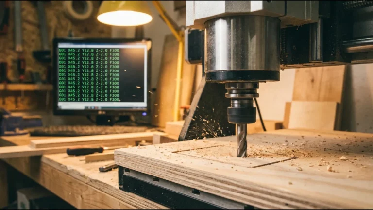 CNC-Fräse bearbeitet Holzplatte mit G-Code Befehlen auf dem Monitor im Hintergrund