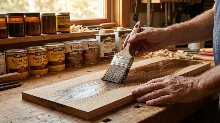 Holz beizen: Anleitung, Beizarten & Tipps für gleichmäßige Ergebnisse 2 Holz beizen – Handwerker trägt dunkle Beize auf Eichenholz auf