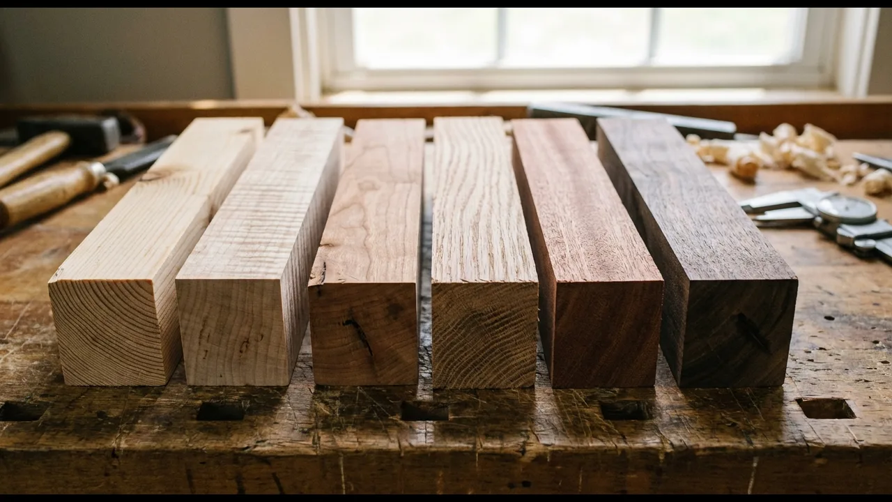 Holzarten Härte Tabelle: Verschiedene Holzmuster von hell bis dunkel zeigen die Unterschiede in Maserung und Härte