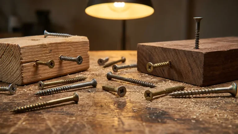 Schrauben-Rechner: Die richtige Schraubenlänge berechnen 3 Verschiedene Holzschrauben auf Werkbank — Schraubenlänge berechnen