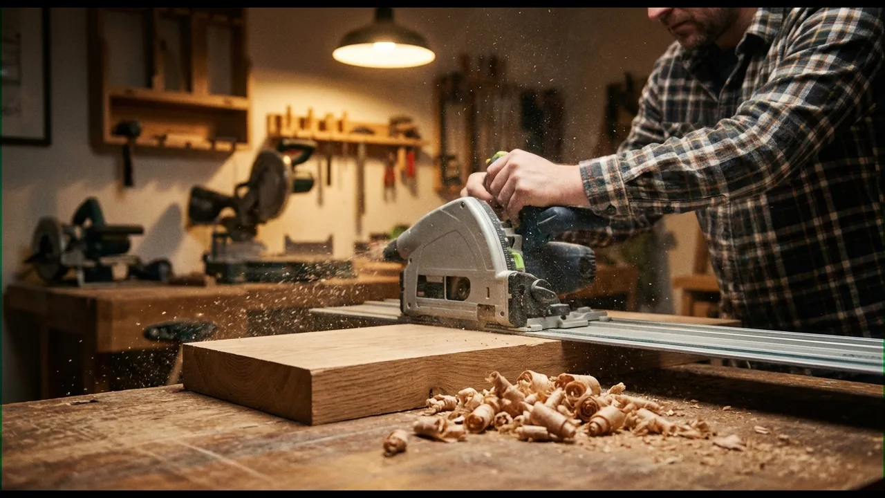 Tauchsäge Test 2026: Die 5 besten Tauchsägen im Vergleich 1 Tauchsäge schneidet Eichenholz auf Führungsschiene in Werkstatt