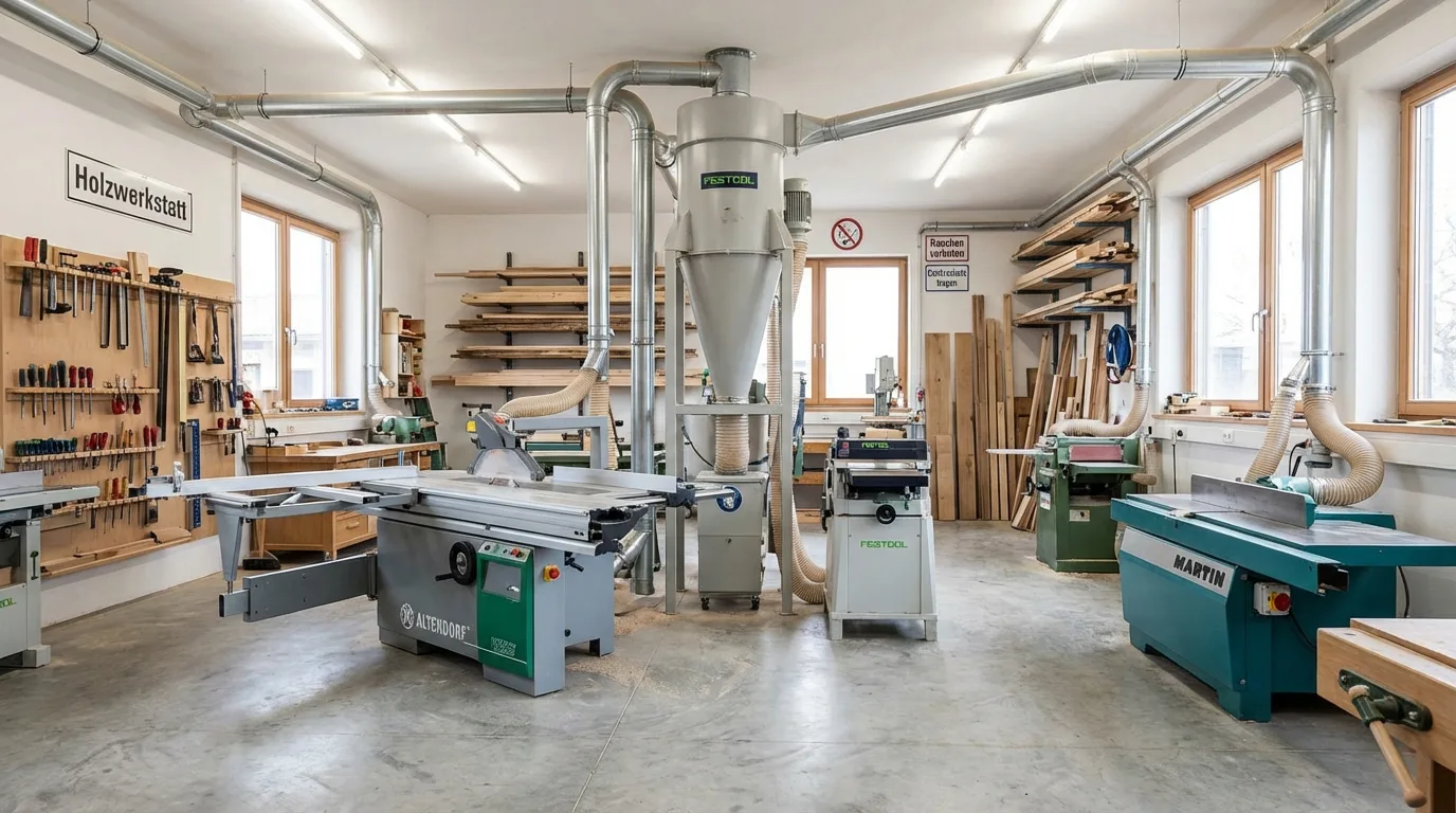 Werkstatt Absaugung planen: Absauganlage in einer Holzwerkstatt mit Rohrsystem