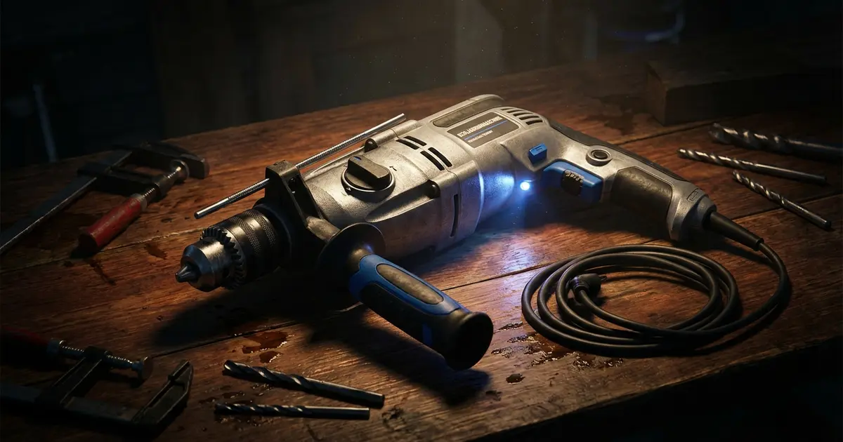Beste Bohrmaschinen Test 2026 – Schlagbohrmaschine auf Holzwerkbank