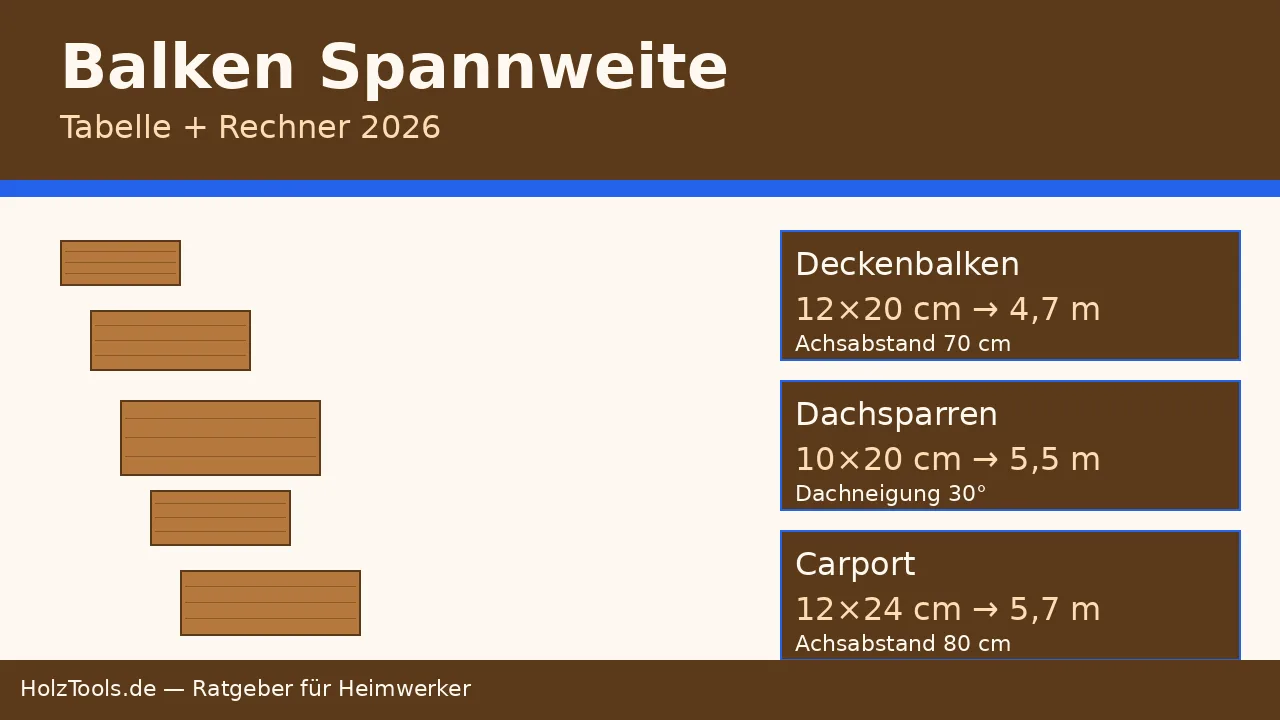 Holzbalken verschiedener Querschnitte mit Spannweiten-Tabelle für Decke, Dach und Carport