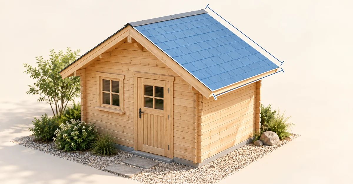 Dachflächen-Rechner – Gartenhaus mit Satteldach Dachfläche berechnen: Holz-Gartenhaus mit blau markierter Satteldachfläche und Maßlinien für Länge und Dachschräge.