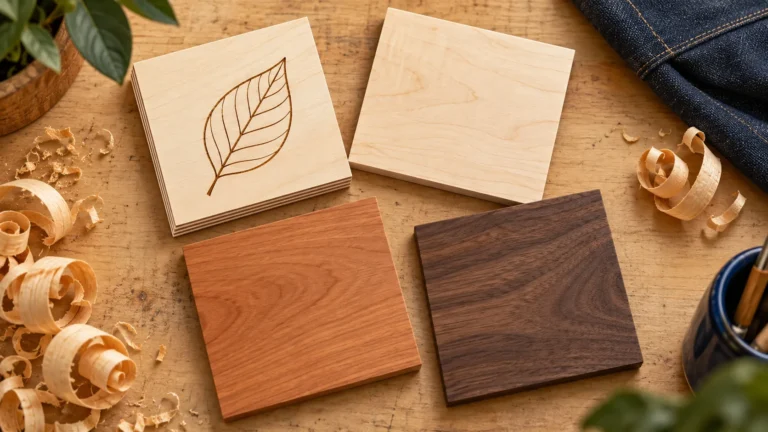 Holz für Lasergravur: Illustration heller und dunkler Holzproben mit graviertem Blattmotiv
