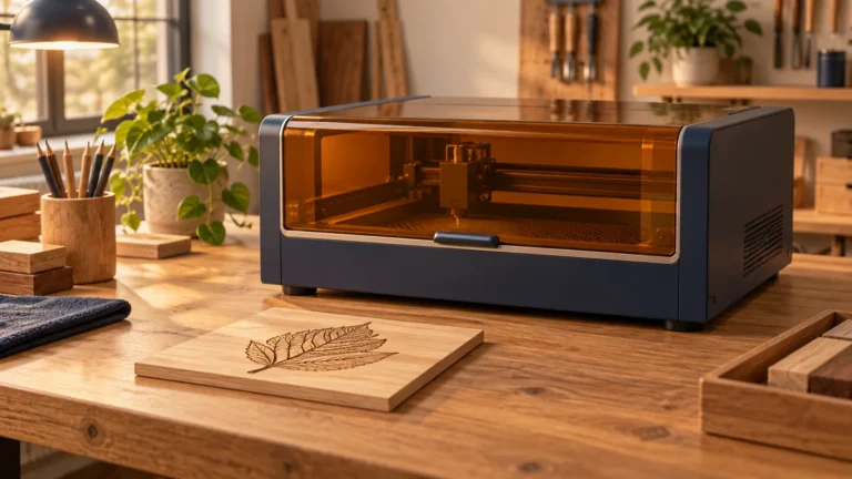 Lasergravierer für Holz: Illustration einer geschlossenen Maschine neben einer Holzplatte mit Blattmotiv