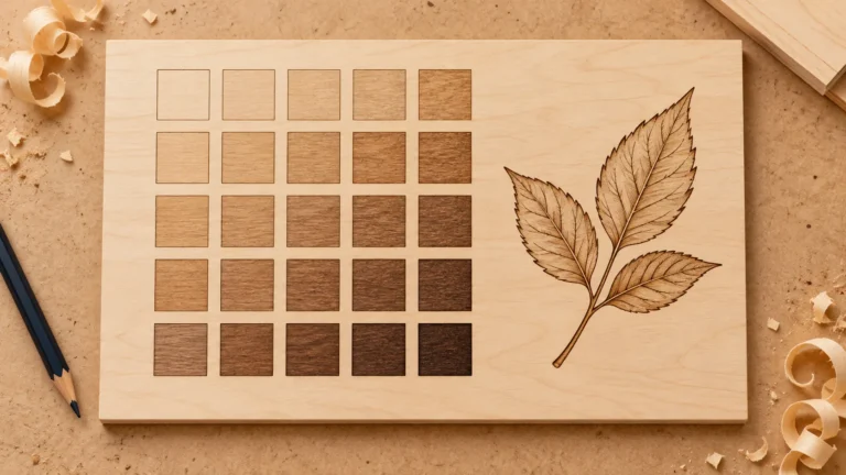 Lasergravur auf Holz: Illustration eines Materialtestrasters und einer beschrifteten Holzprobe